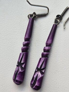Carved Dragonfly Purple Horn Dangle Earrings